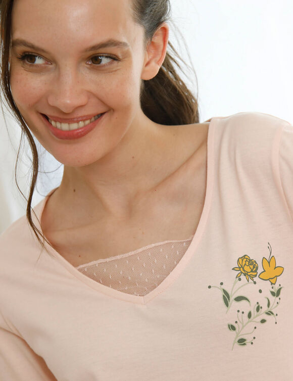 T-shirt pyjama manches longues motif floral imprim&eacute;  (rose)