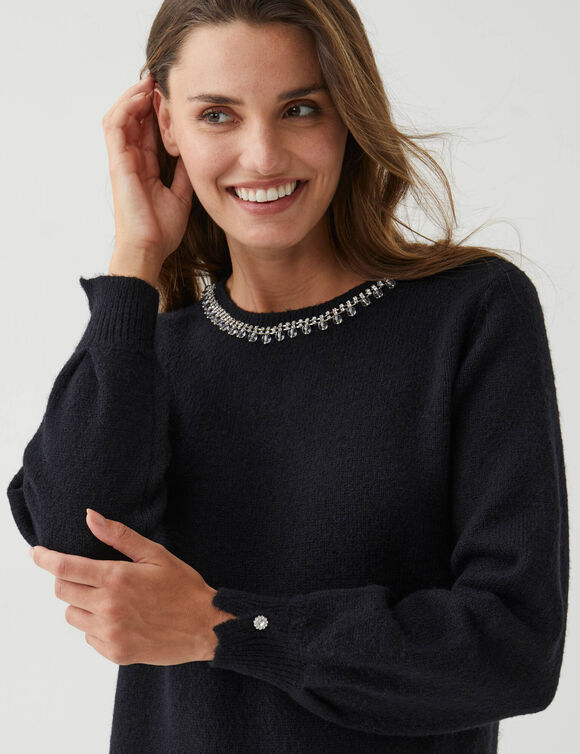 Robe pull &agrave; col bijou et boutons perle, manches longues (noir)