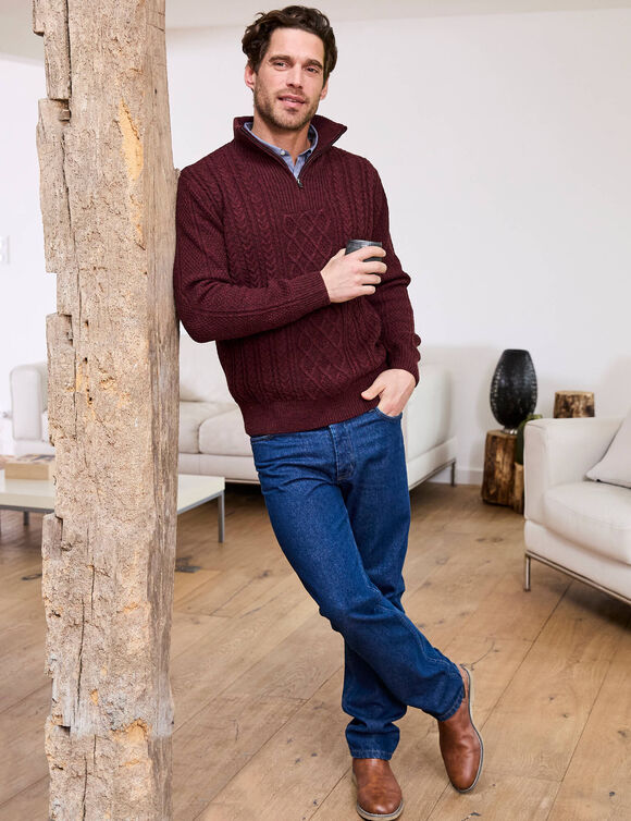 Pull col camionneur maille irlandaise (bordeaux chin&eacute;)