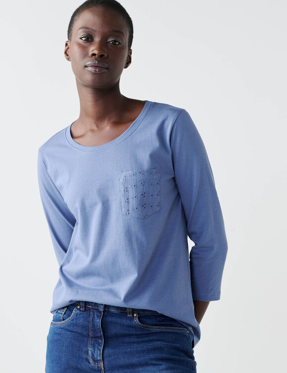 T-shirt col rond manches 3/4, broderie anglaise  (bleu jean)