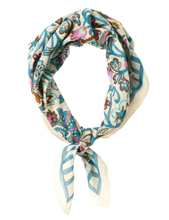 Foulard en voile de coton, imprim&eacute; fleurs (&eacute;cru / bleu)