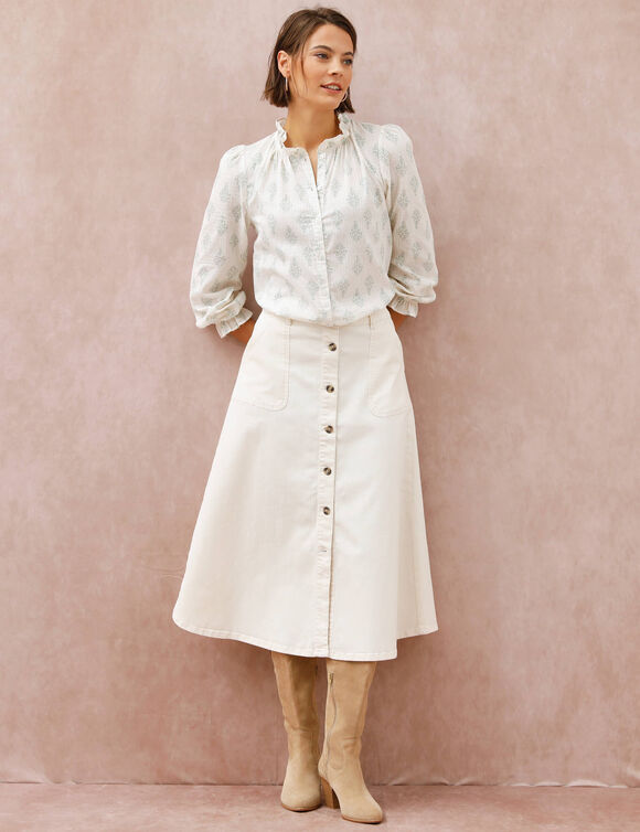 Jupe longue &eacute;vas&eacute;e boutonn&eacute;e devant, twill stretch (&eacute;cru)