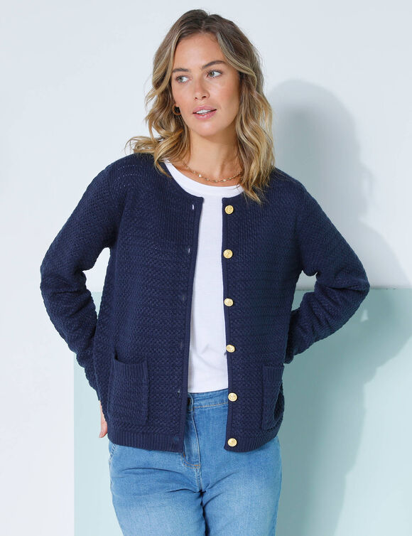 Cardigan met knoopsluiting en zakken, fantasietricot (marine)