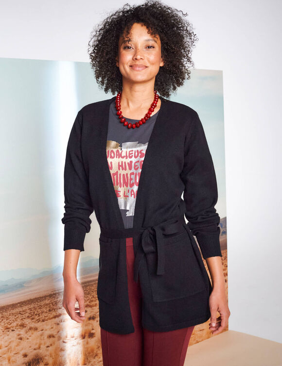 Gilet long, ceinture à nouer (noir)
