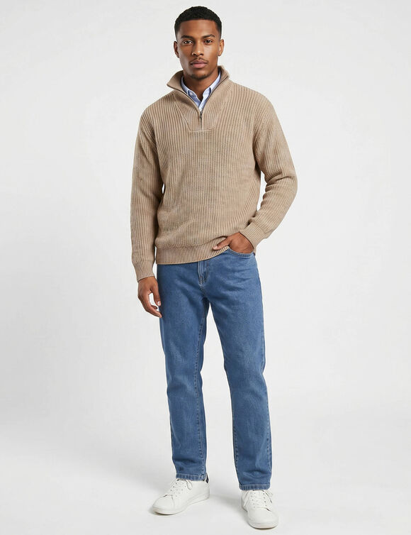 Pull col camionneur c&ocirc;te anglaise 30% laine (beige moulin&eacute;)