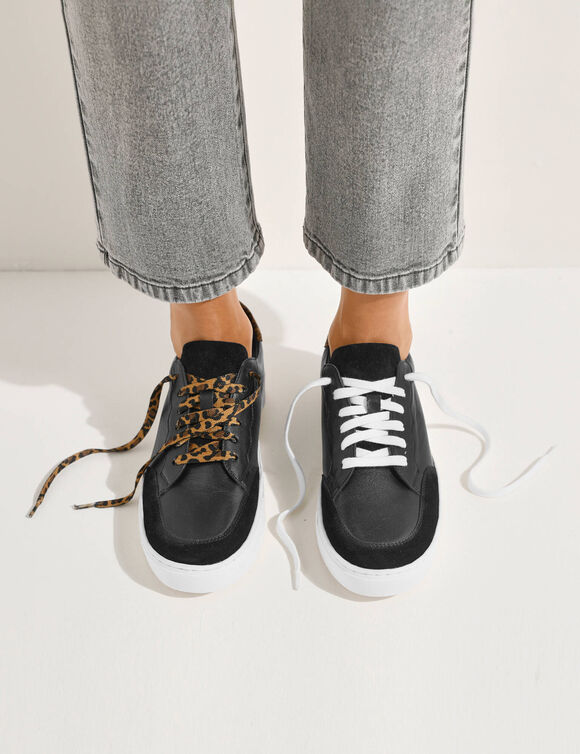 Leren sneakers met veters, 2 paar veters (zwart)
