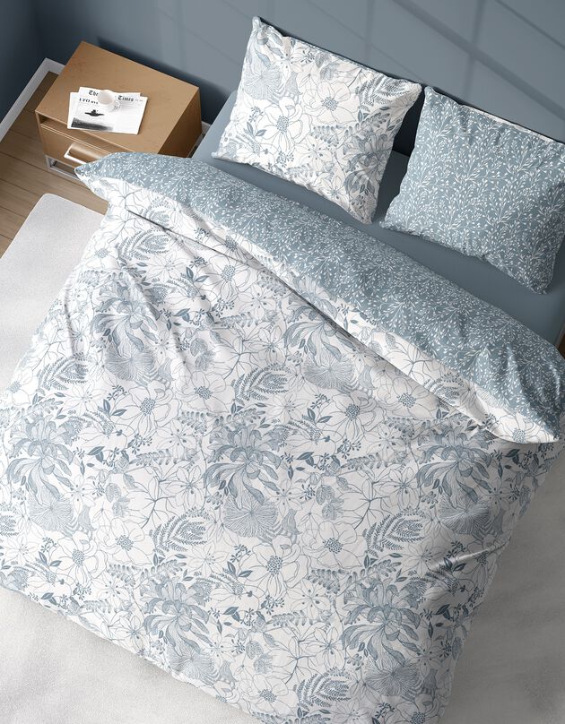 Bedlinnenset Toile met tweekleurige, plantaardige print - Topcool®-microvezel (blauw)