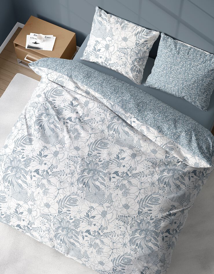Bedlinnenset Toile met tweekleurige, plantaardige print - Topcool®-microvezel (blauw)