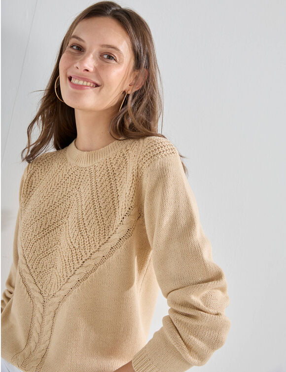 Pull col rond, maille fantaisie (beige)