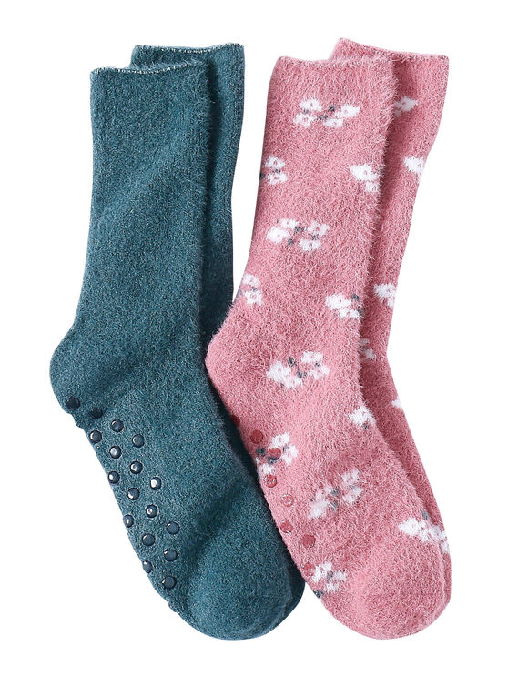 Chaussettes esprit chaussons picots antid&eacute;rapants - lot de 2 paires (rose + vert)