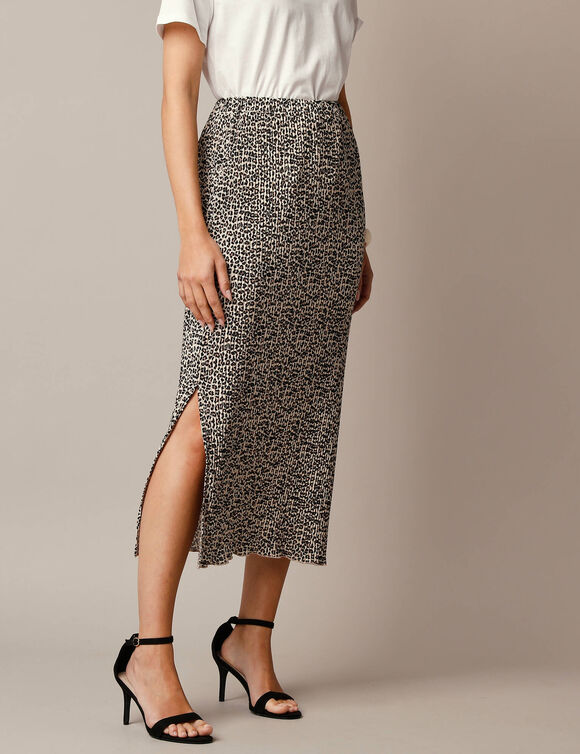 Jupe longue maille plissée, imprimé peau de bête (beige / noir)