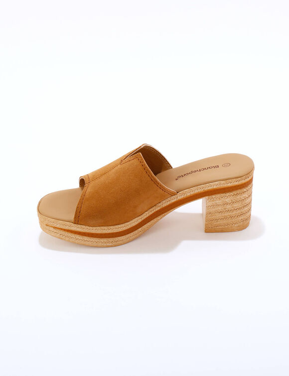Mules compens&eacute;es style sabot cro&ucirc;te de cuir (caramel)