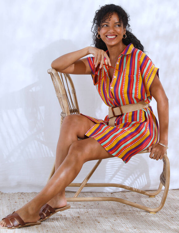 Robe-chemisier courte, crépon rayé multicolore (multicolore)