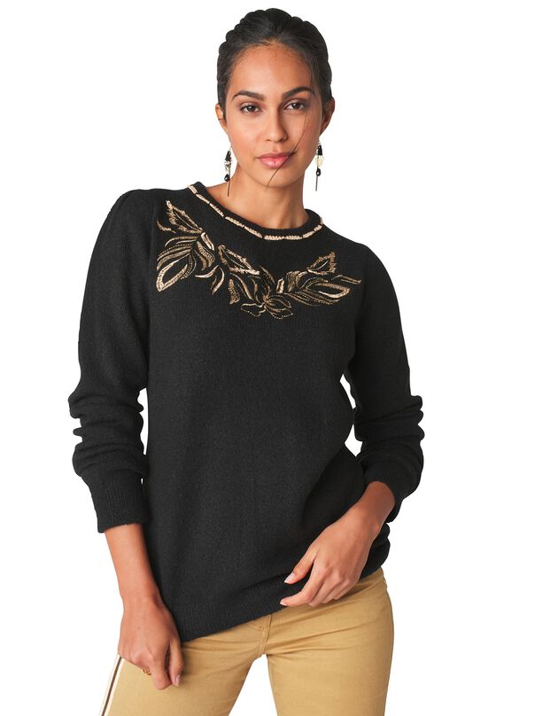 Pull brodé fleurs coloris doré (noir / doré) Pull brodé fleurs coloris doré (noir / doré)