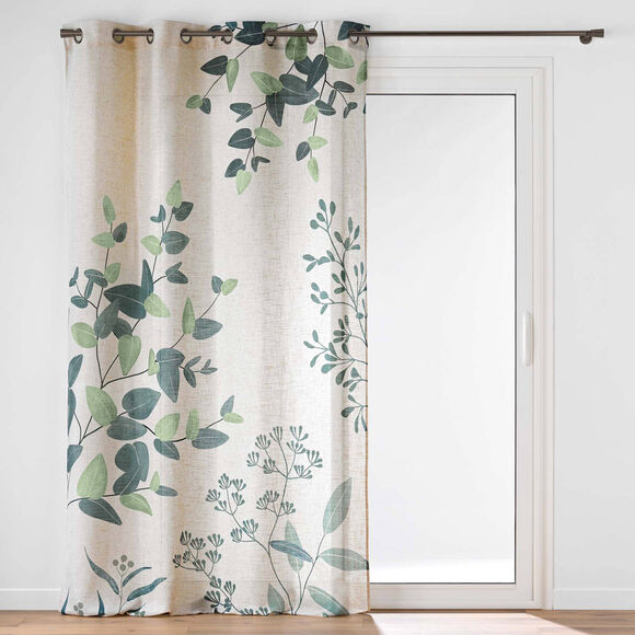 Gordijn met oogringen, bladerenprint (naturel / groen)