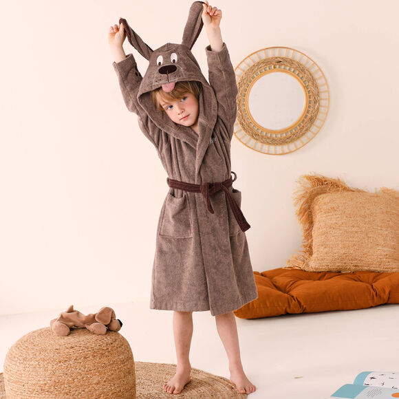 Personaliseerbare "hond" kinderbadjas met kap, katoenen badstof - 340 g/m&sup2; (chocolade)