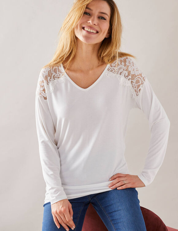 T-shirt col V manches longues dentelle (blanc)