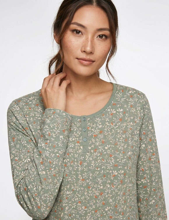 Nachtjapon met lange mouwen en knoopsluiting, bedrukt met plantenprint (kaki / ecru)