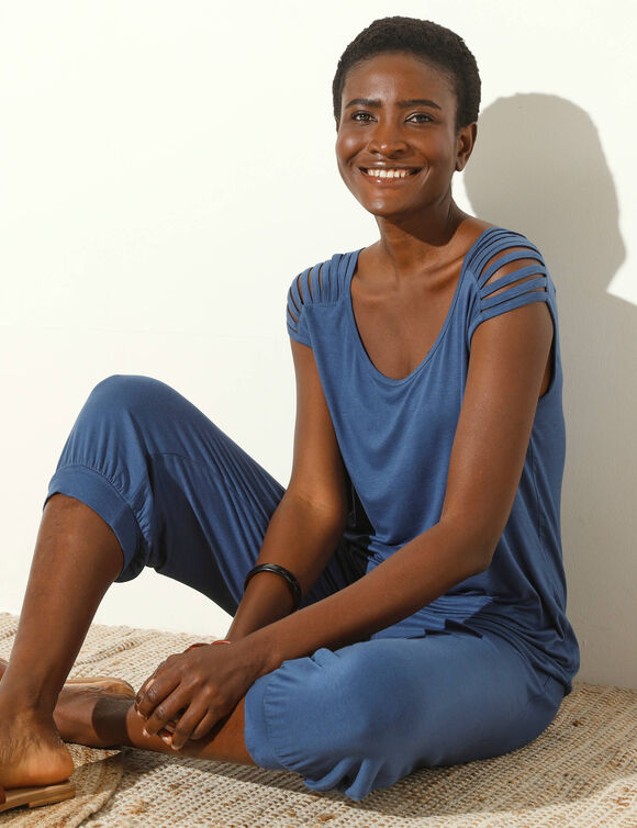 T-shirt maille unie, laçage épaules (bleu indigo)