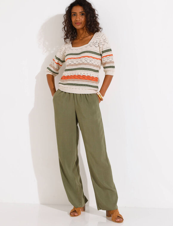 Pull col carré rayé, maille ajourée (écru / kaki)