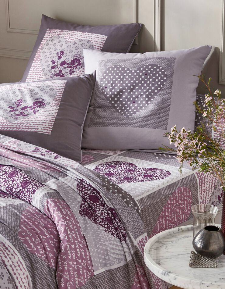 Linge de lit Lovely en flanelle imprimé coeurs  (gris / parme)