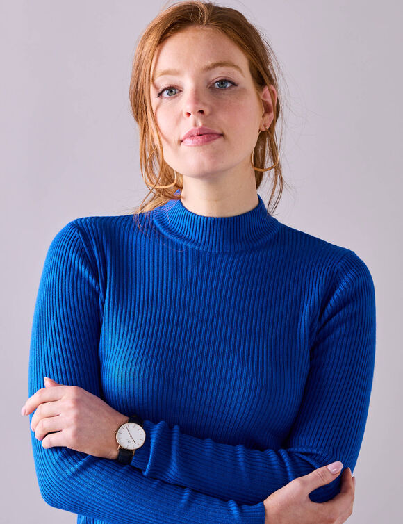 Pull col montant court, maille c&ocirc;tel&eacute;e (bleu vif)