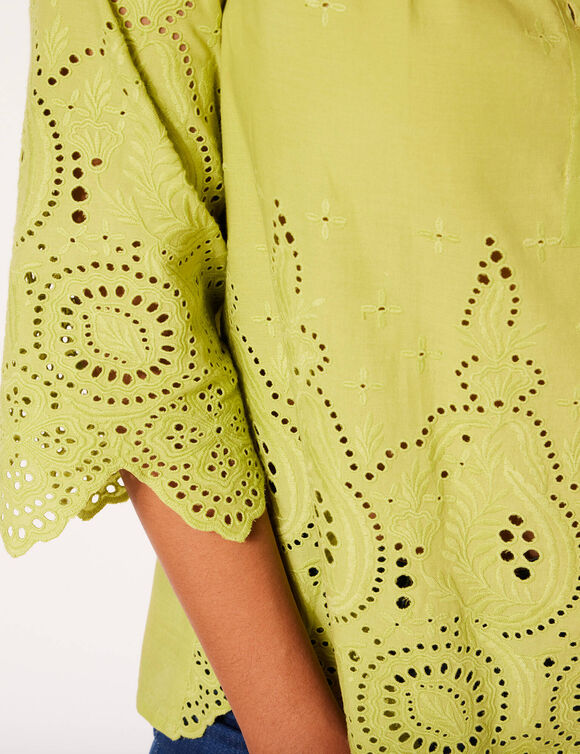 Blouse unie manches 3/4, broderie anglaise (anis)