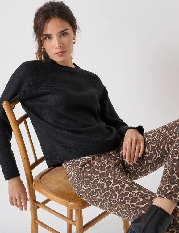 Pull col rond, maille fantaisie toucher doux (noir)