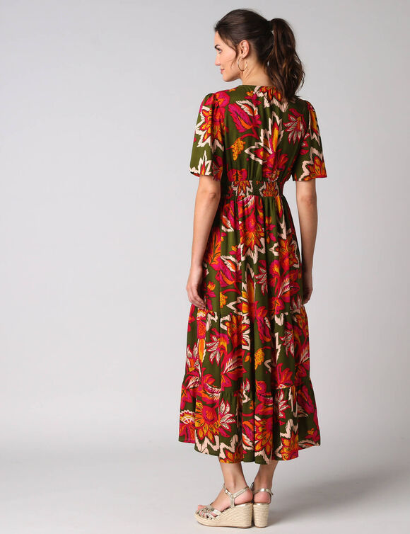 Robe longue volant&eacute;e imprim&eacute;e, manches courtes (vert)