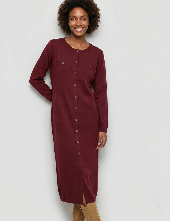 Robe pull longue boutonn&eacute;e, manches longues (bordeaux)