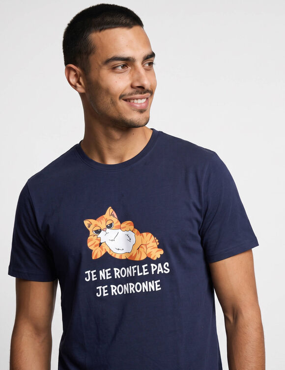Maxi T-shirt manches courtes imprim&eacute; "chat roux" (marine)