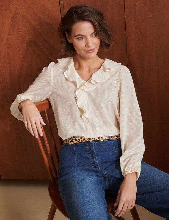 Blouse col V volant&eacute;e unie (&eacute;cru)