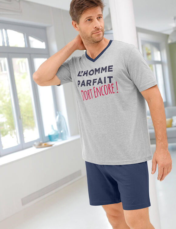 Pyjama short col V imprimé message (gris chiné / marine)