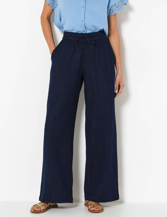Pantalon large taille haute effet jean, en gaze de coton (indigo)