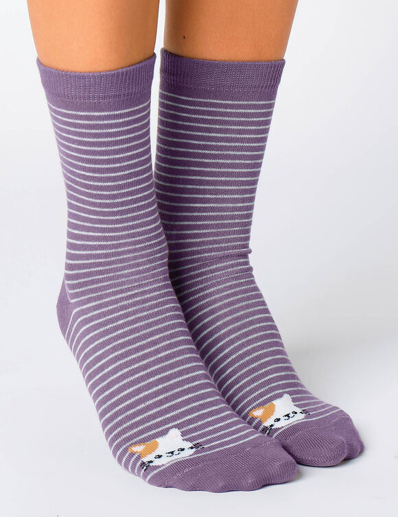 Chaussettes rayées fantaisie à motifs animaux - lot de 3 (gris + bleu + mauve)