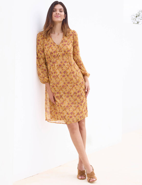 Korte jurk, in bedrukte voile (hazelnootbruin / ecru)