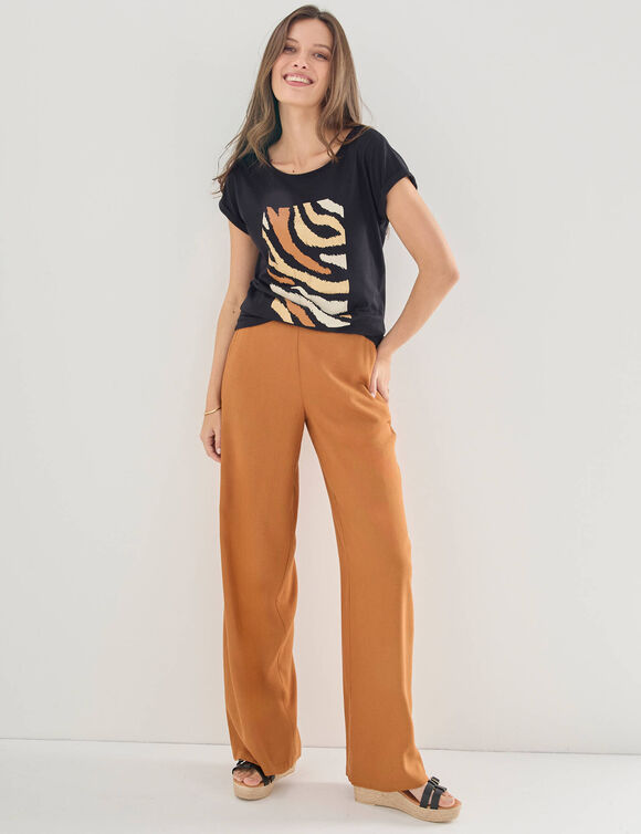 Ruime broek in viscose/linnen (karamel)