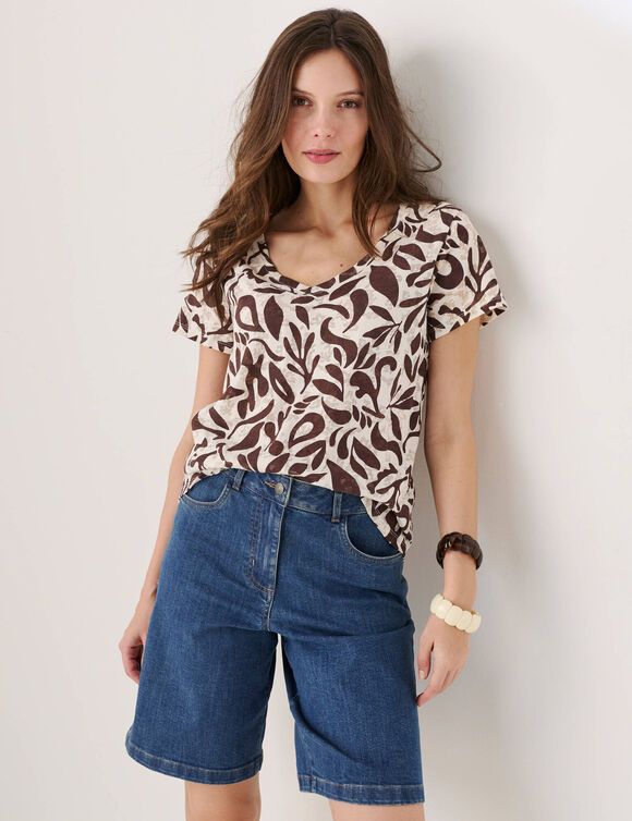 T-shirt imprim&eacute; maille d&eacute;vor&eacute;e (chocolat / &eacute;cru)