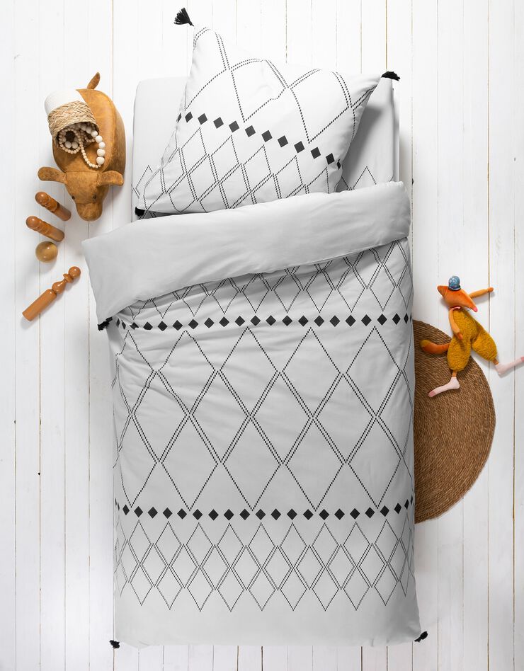 Linge de lit enfant Massai - coton motifs graphiques et finitions pompons (gris)