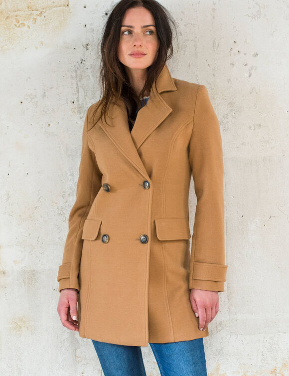 Manteau caban boutonn&eacute; uni (caramel)