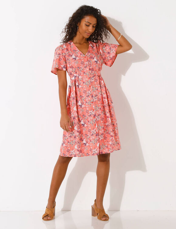 Robe boutonnée manches "papillon" imprimée (corail / vert)