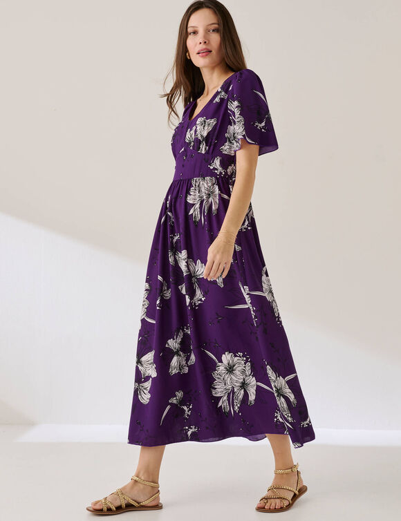 Robe longue imprim&eacute;e, manches &eacute;vas&eacute;es  (violet fonc&eacute;)