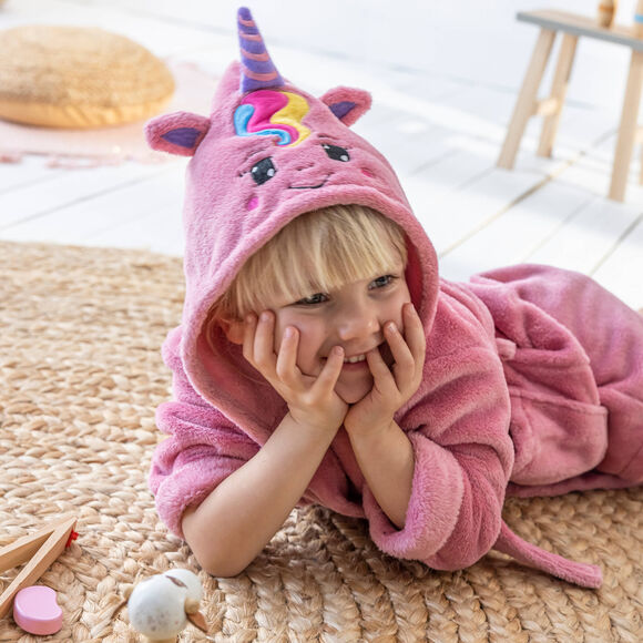 Badjas voor kinderen, eenhoorn, met kap, streelzachte microvezel (roze)