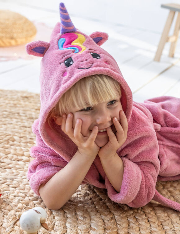 Badjas voor kinderen, eenhoorn, met kap, streelzachte microvezel (roze)