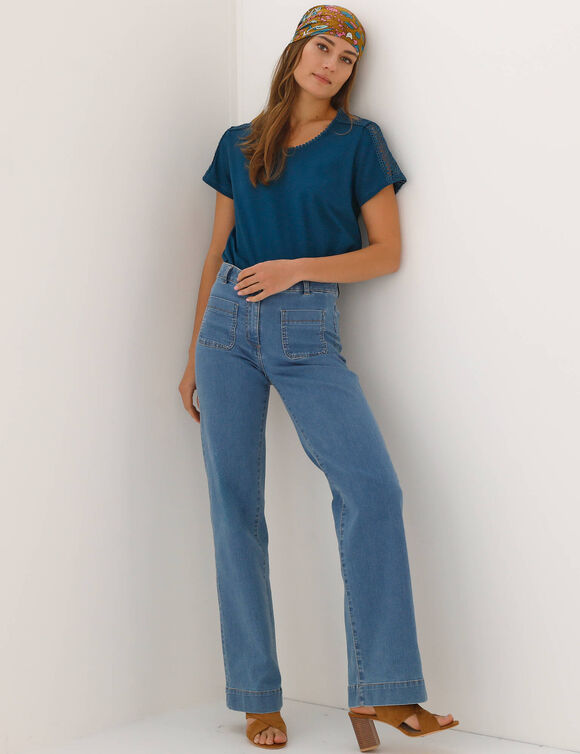 T-shirt col rond dentelle (bleu p&eacute;trole)