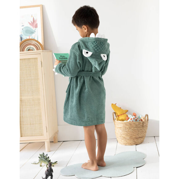 Kinderbadjas met dinosaurusmotief en kap, personaliseerbaar - 340 g/m² (eucalyptus)