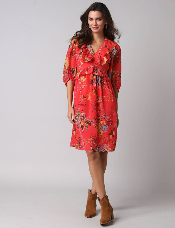 Robe courte volant&eacute;e &agrave; manches 3/4 ballon, voile imprim&eacute; fleuri (koraal / ecru)