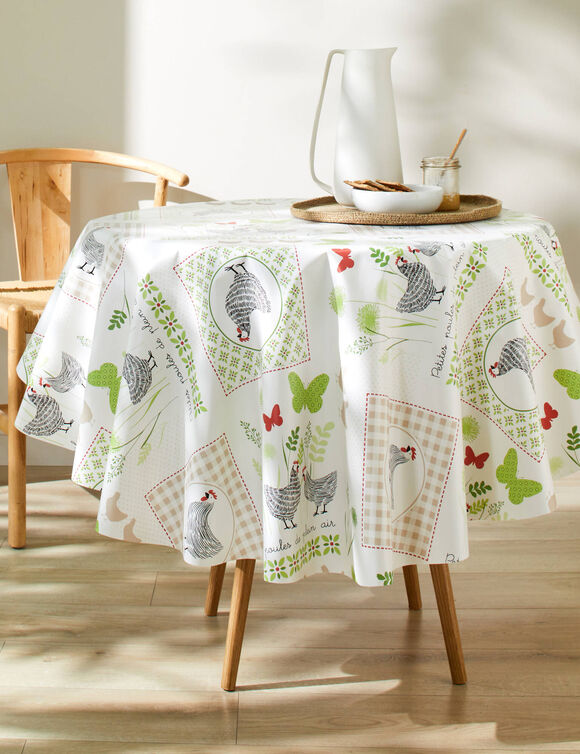 Nappe toile cirée imprimé poules (blanc / vert)