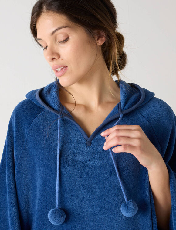Poncho &agrave; capuche, maille polaire toucher peluche (bleu)