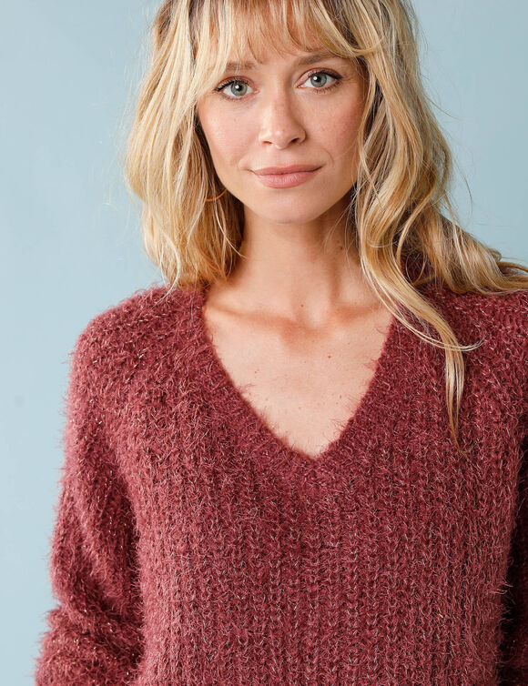 Pull col V spécial Petites, volume "loose" maille perlée fantaisie (figue)